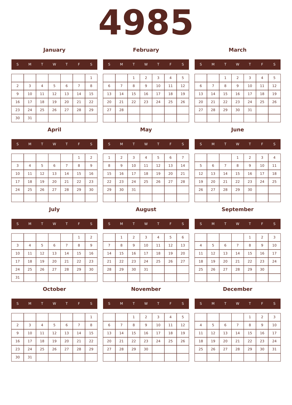 Printable 4985 Year Calendars mortuum
