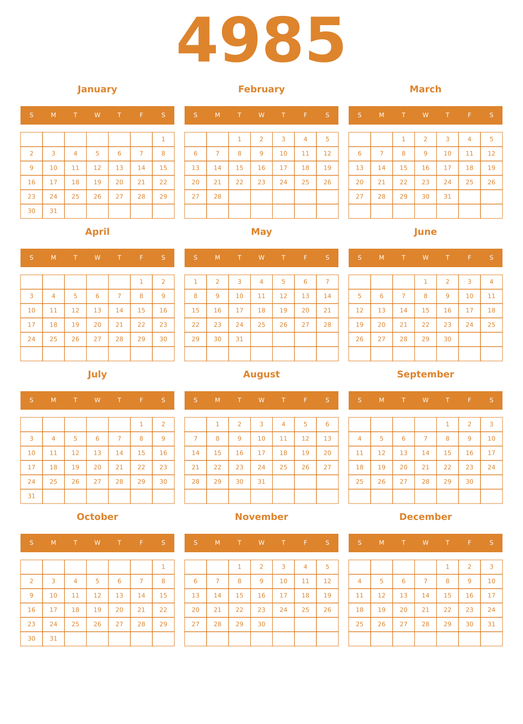 Printable 4985 Year Calendars orange