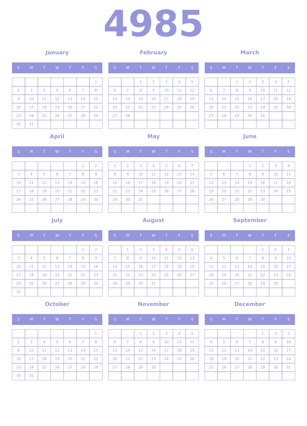 Printable 4985 Year Calendars periwinkle