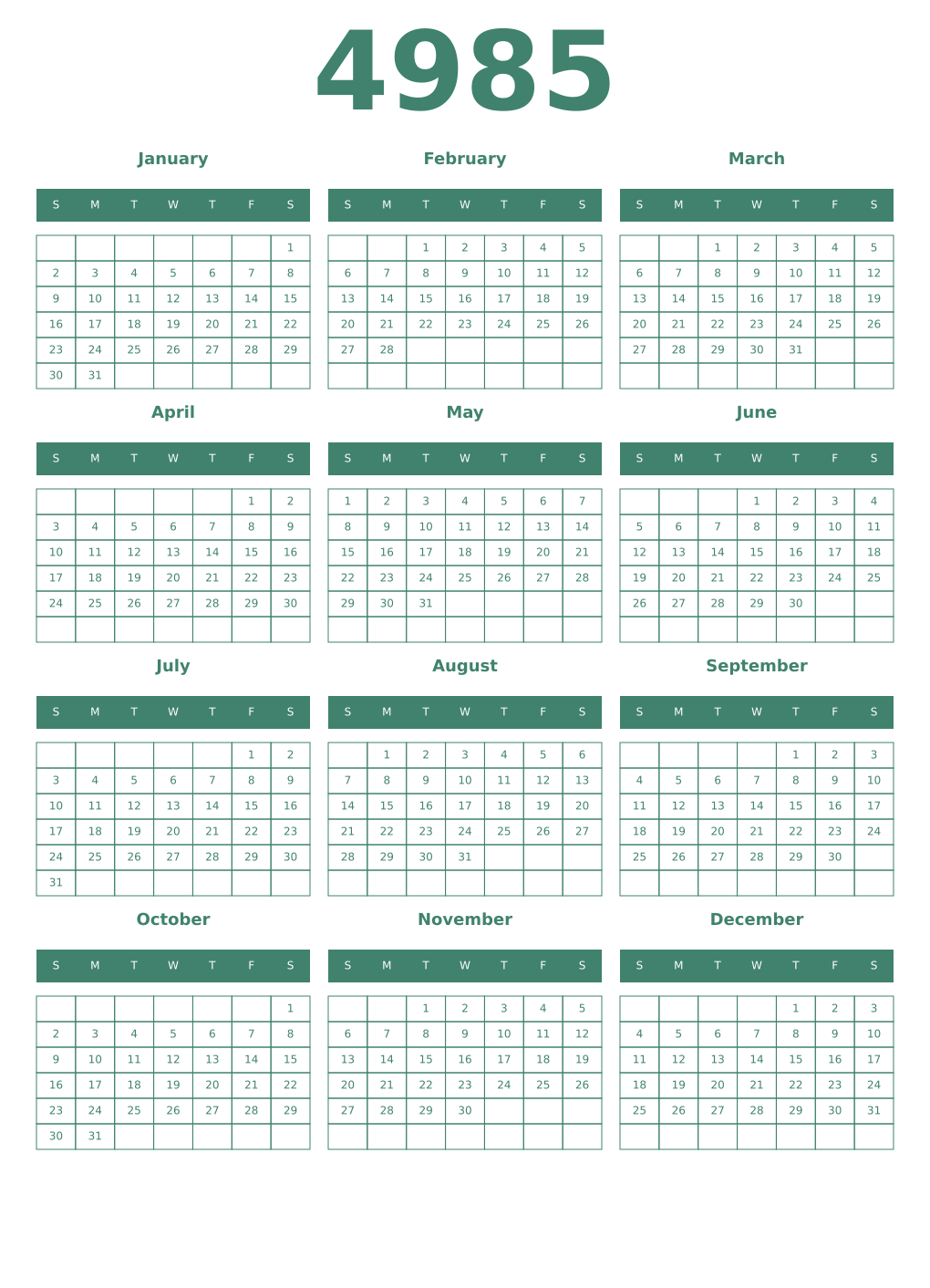 Printable 4985 Year Calendars viridian