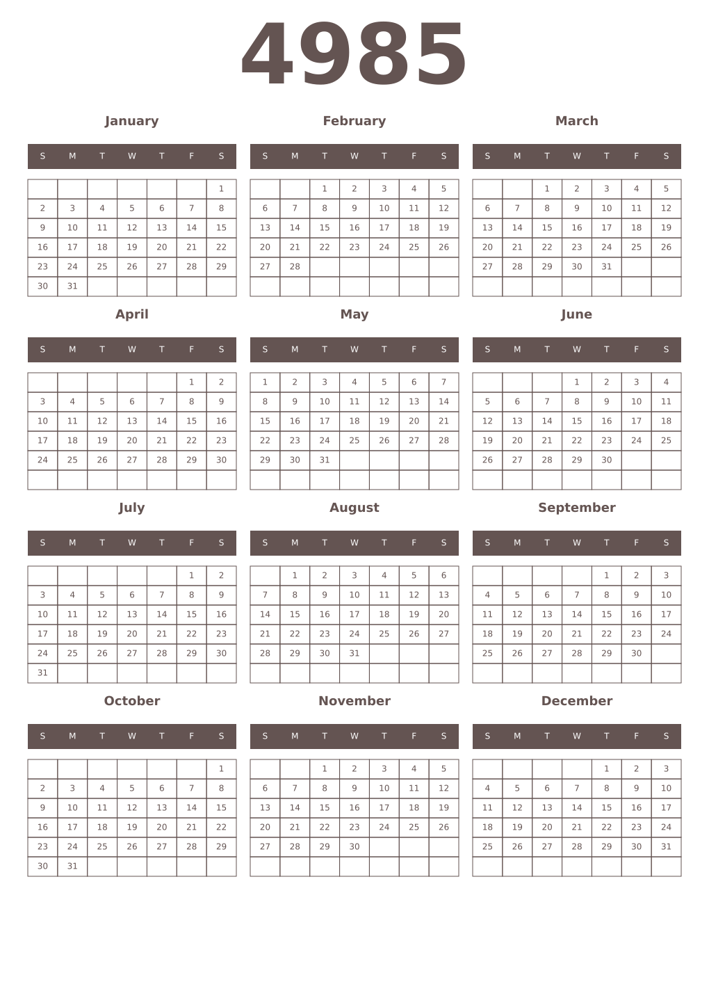 Printable 4985 Year Calendars wenge