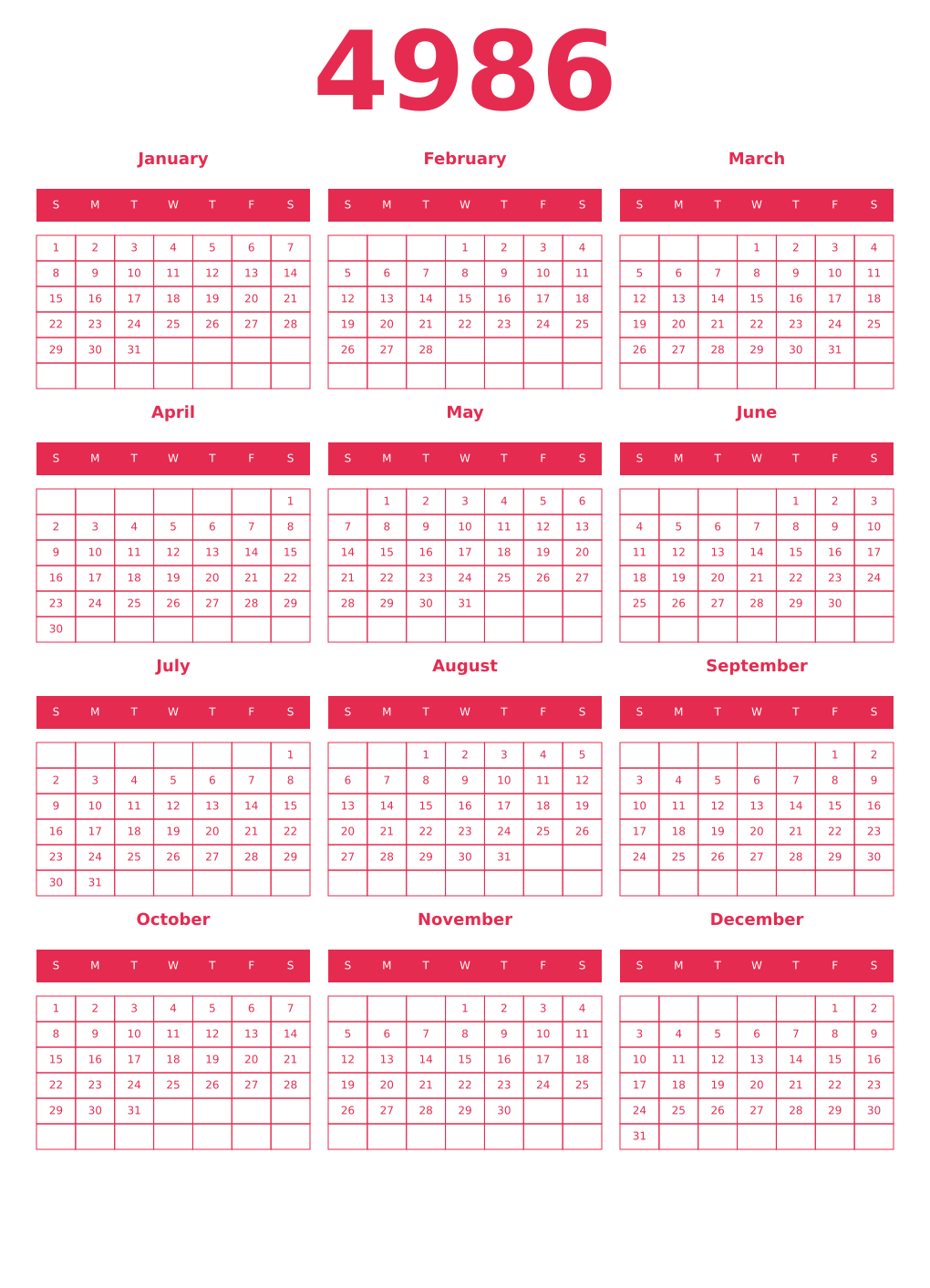 Printable 4986 Year Calendars amaranth