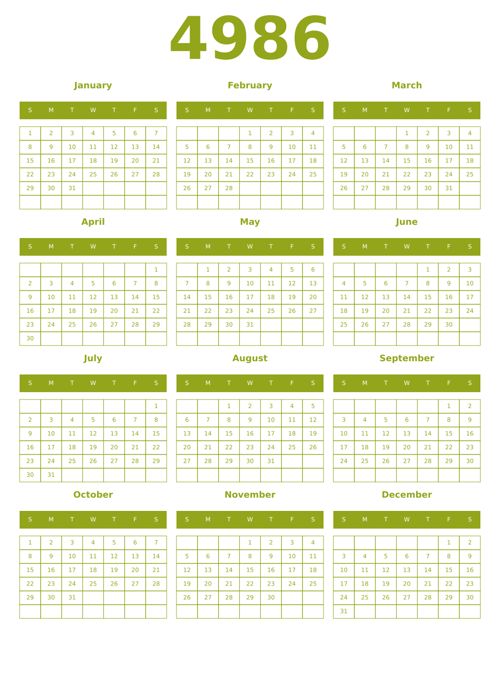 Printable 4986 Year Calendars chartreuse