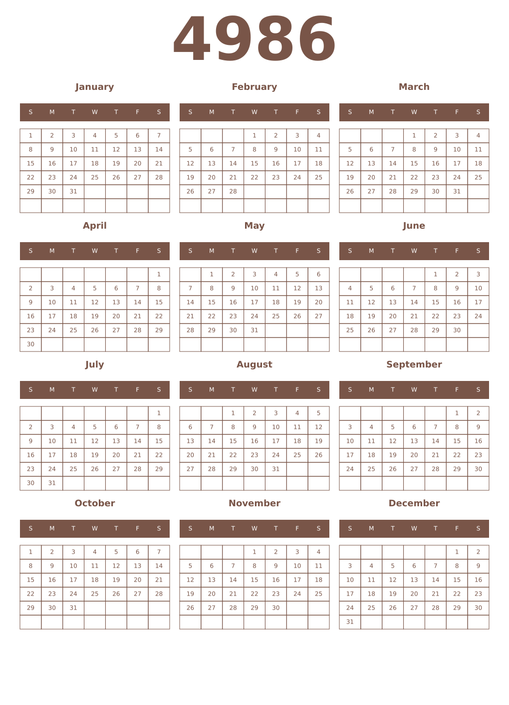 Printable 4986 Year Calendars coffe