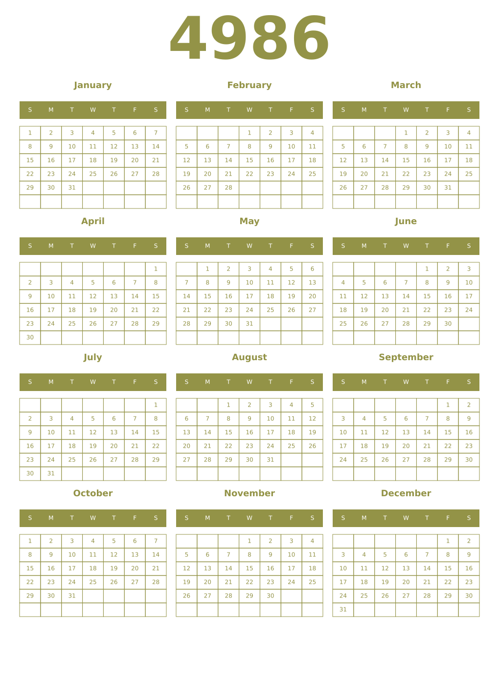 Printable 4986 Year Calendars eburnean