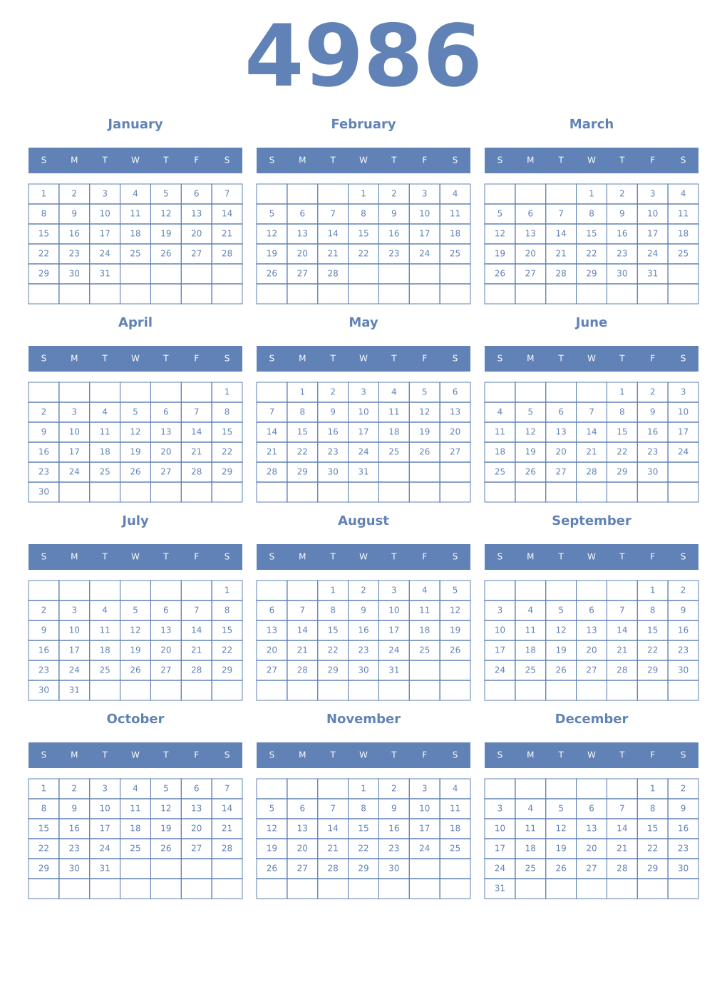 Printable 4986 Year Calendars glaucous