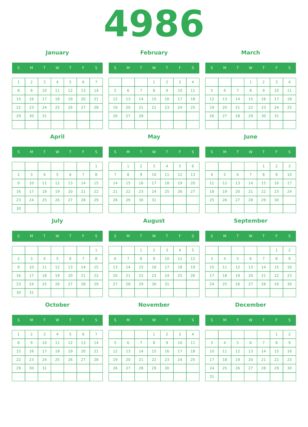Printable 4986 Year Calendars green