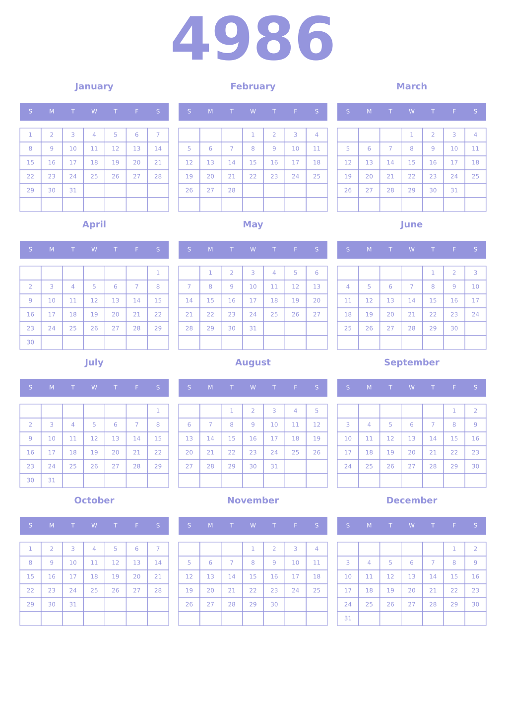 Printable 4986 Year Calendars periwinkle