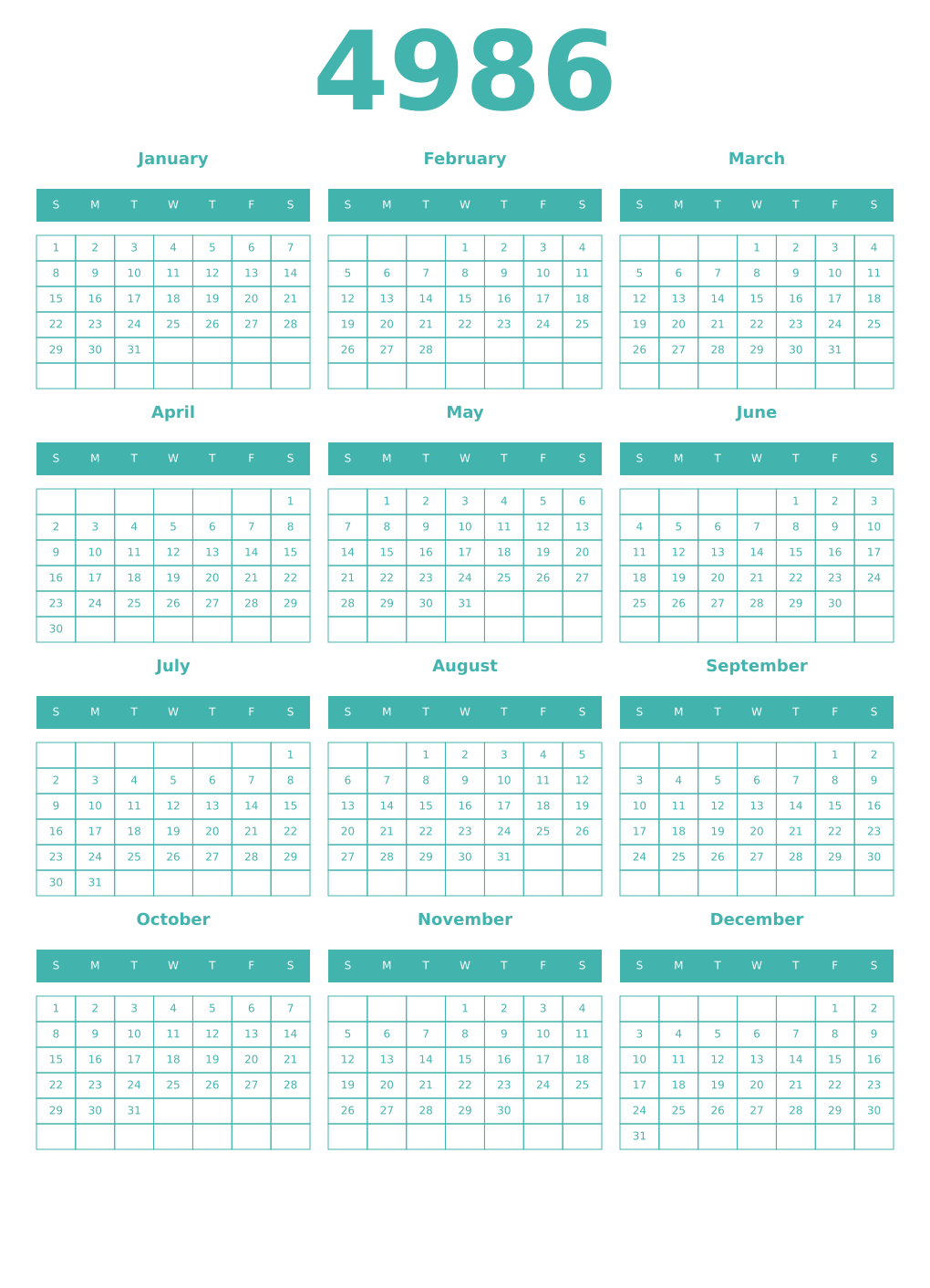 Printable 4986 Year Calendars verdigris