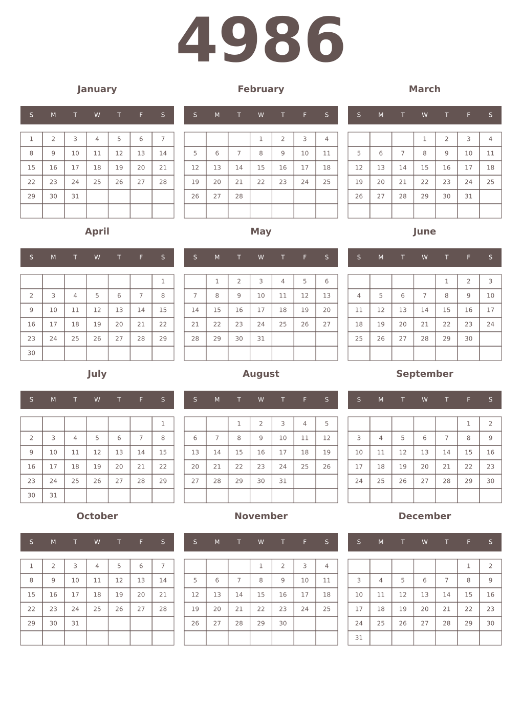 Printable 4986 Year Calendars wenge