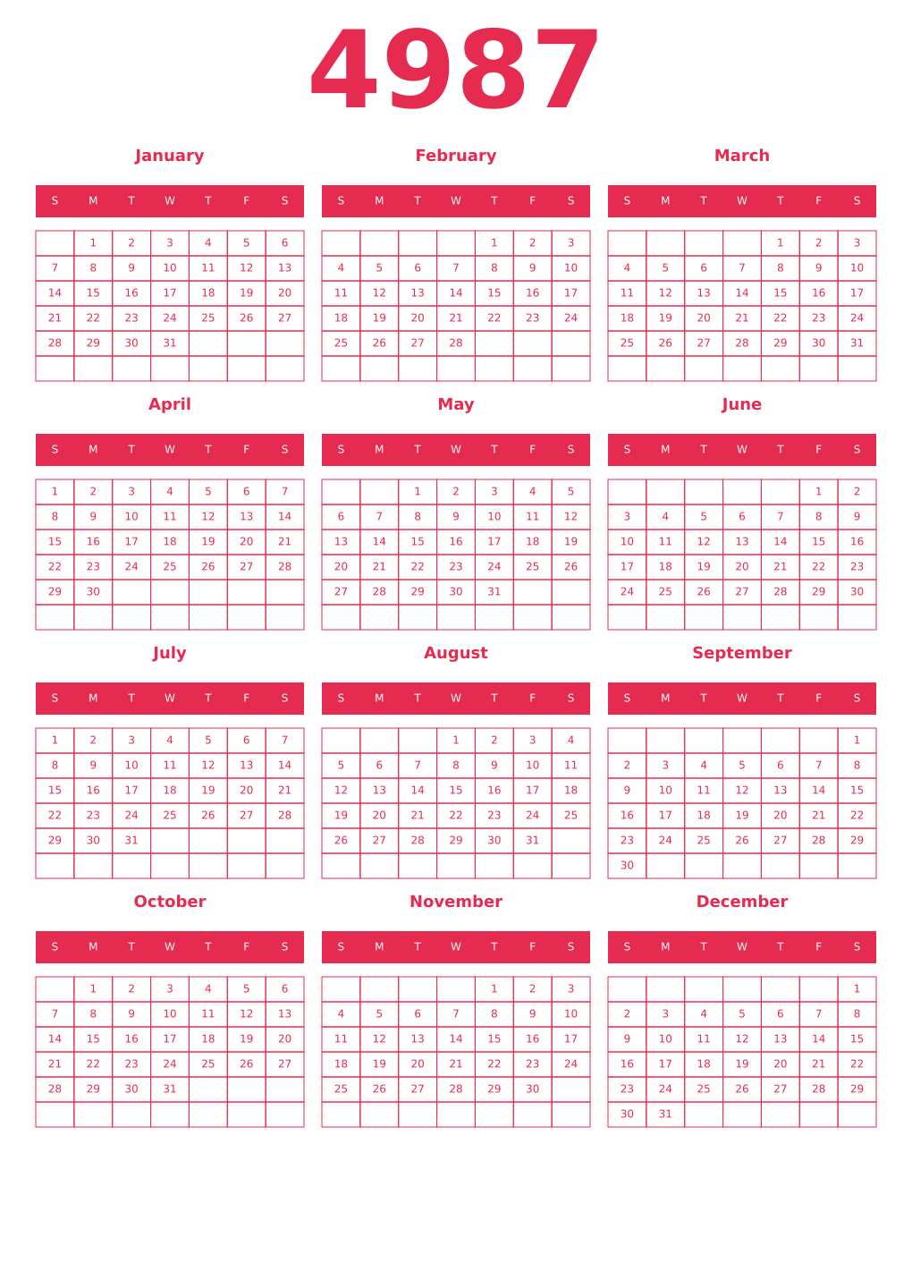 Printable 4987 Year Calendars amaranth