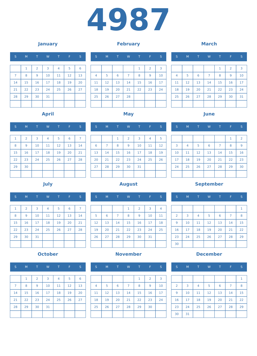 Printable 4987 Year Calendars blue