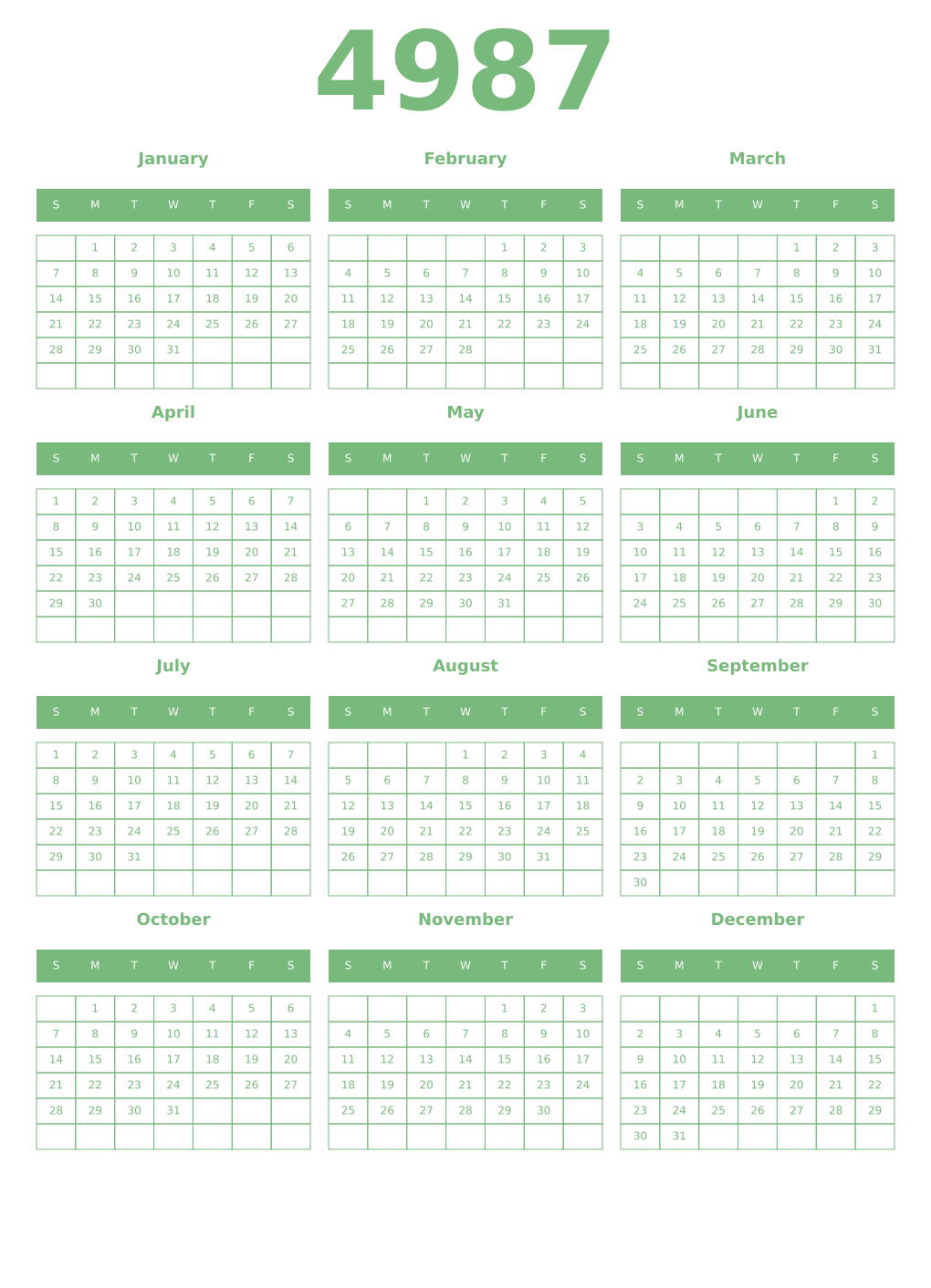 Printable 4987 Year Calendars celadon