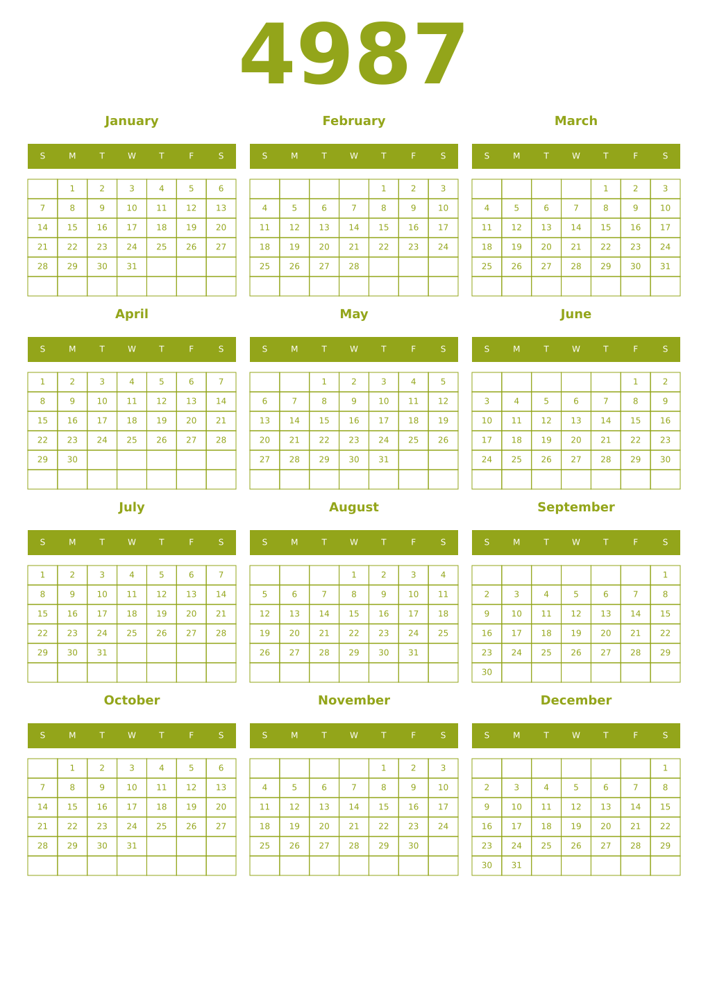 Printable 4987 Year Calendars chartreuse