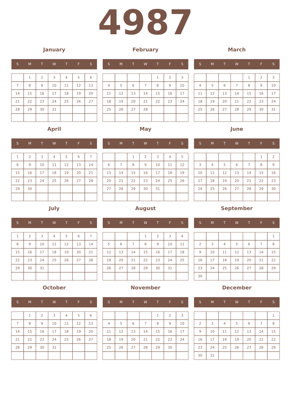 Printable 4987 Year Calendars coffe