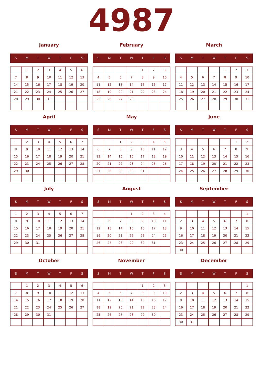 Printable 4987 Year Calendars falu