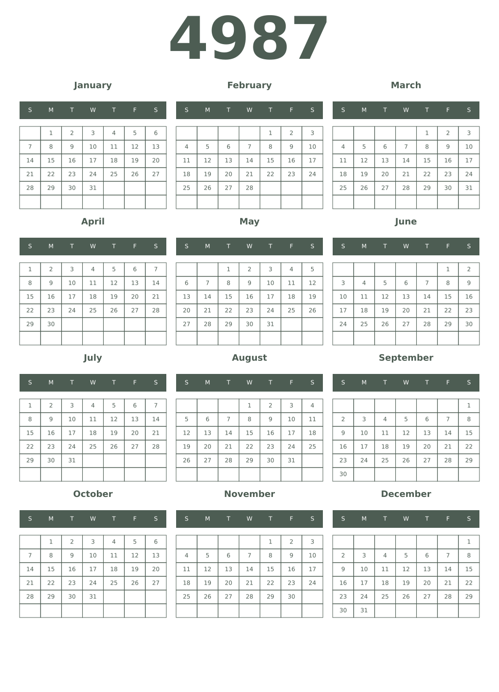 Printable 4987 Year Calendars feldgrau