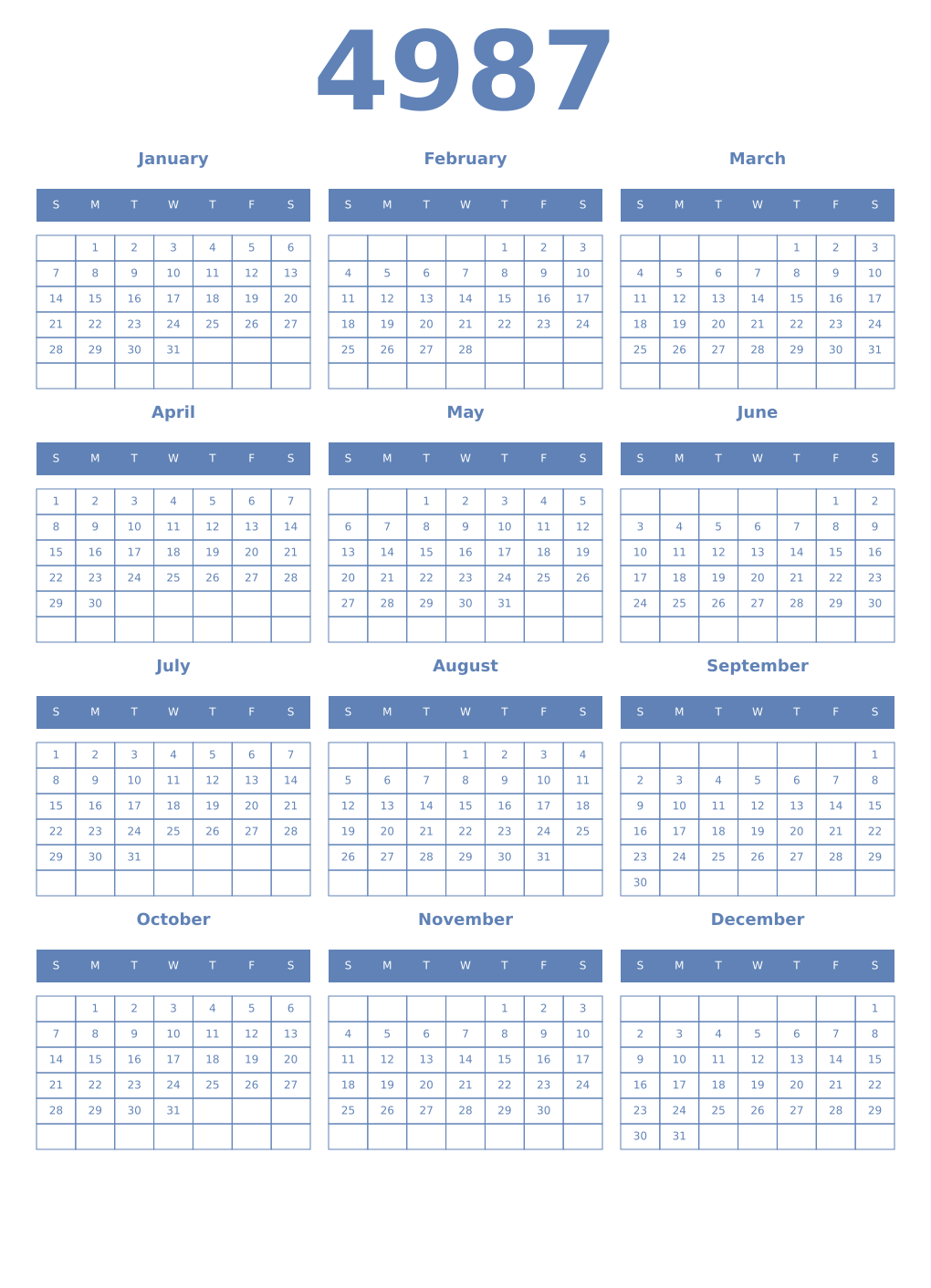 Printable 4987 Year Calendars glaucous