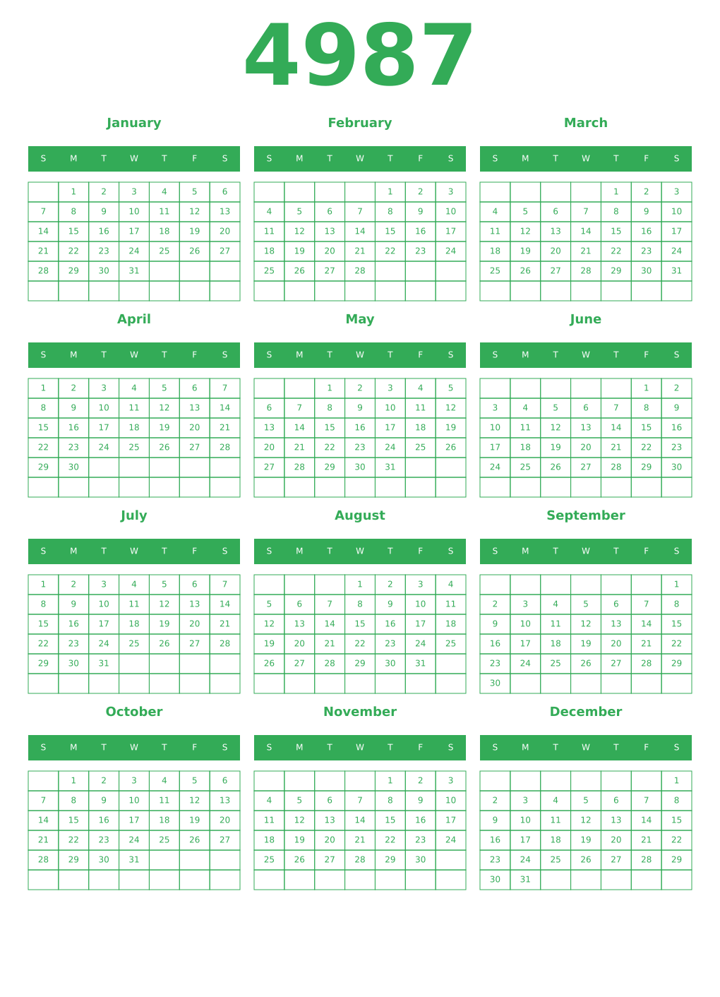 Printable 4987 Year Calendars green