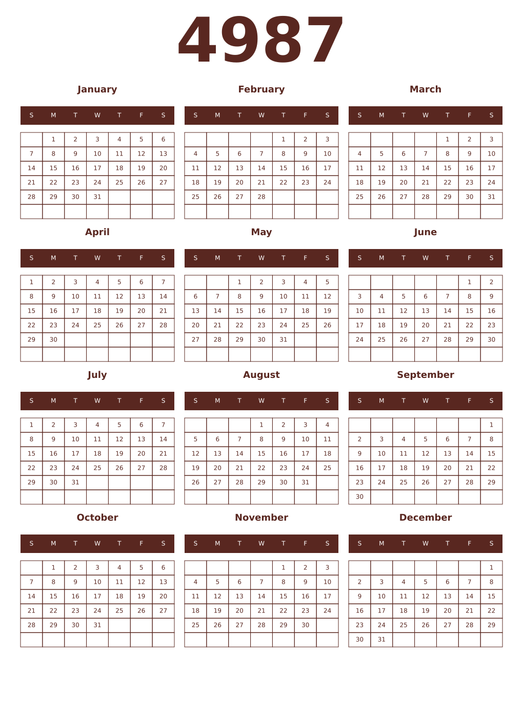 Printable 4987 Year Calendars mortuum