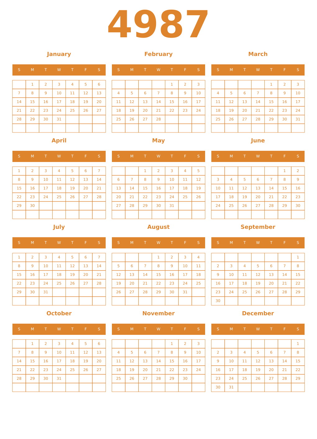 Printable 4987 Year Calendars orange