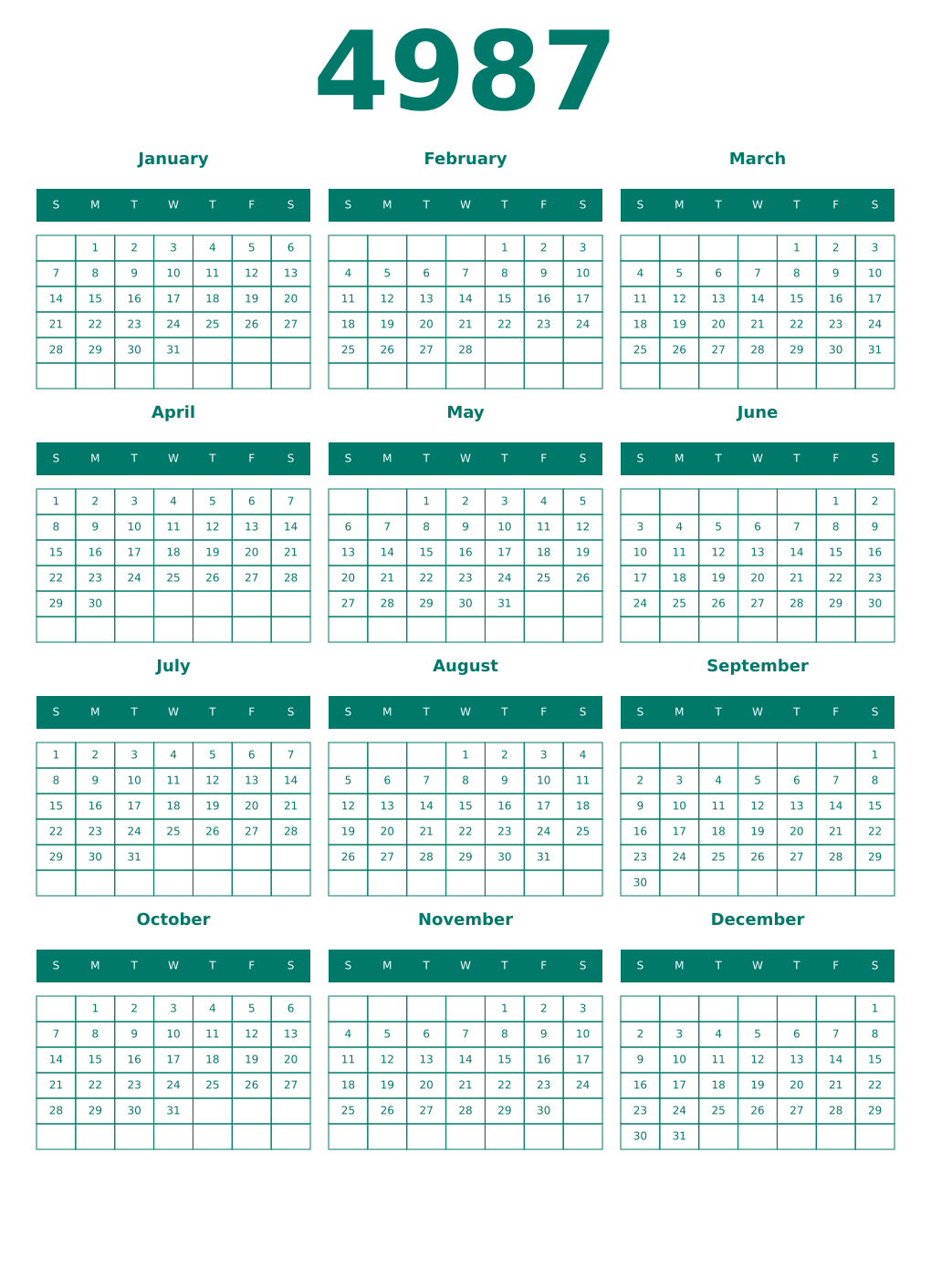 Printable 4987 Year Calendars pastel