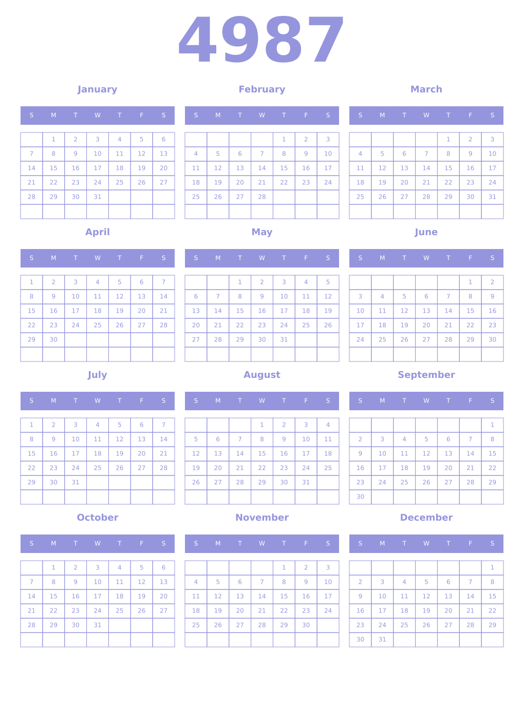 Printable 4987 Year Calendars periwinkle
