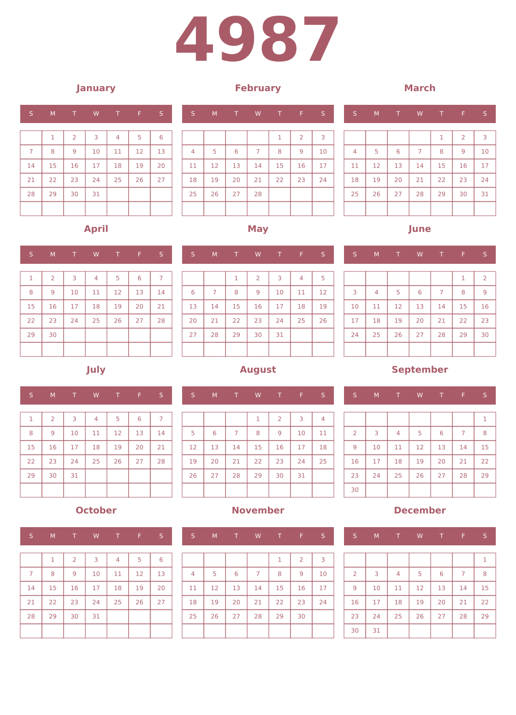 Printable 4987 Year Calendars puce