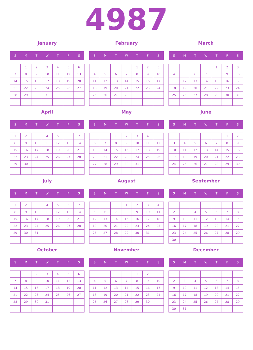 Printable 4987 Year Calendars purple