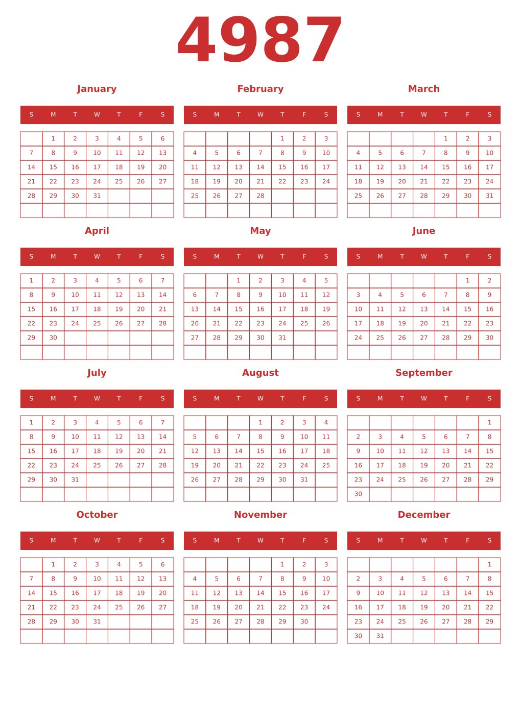 Printable 4987 Year Calendars red