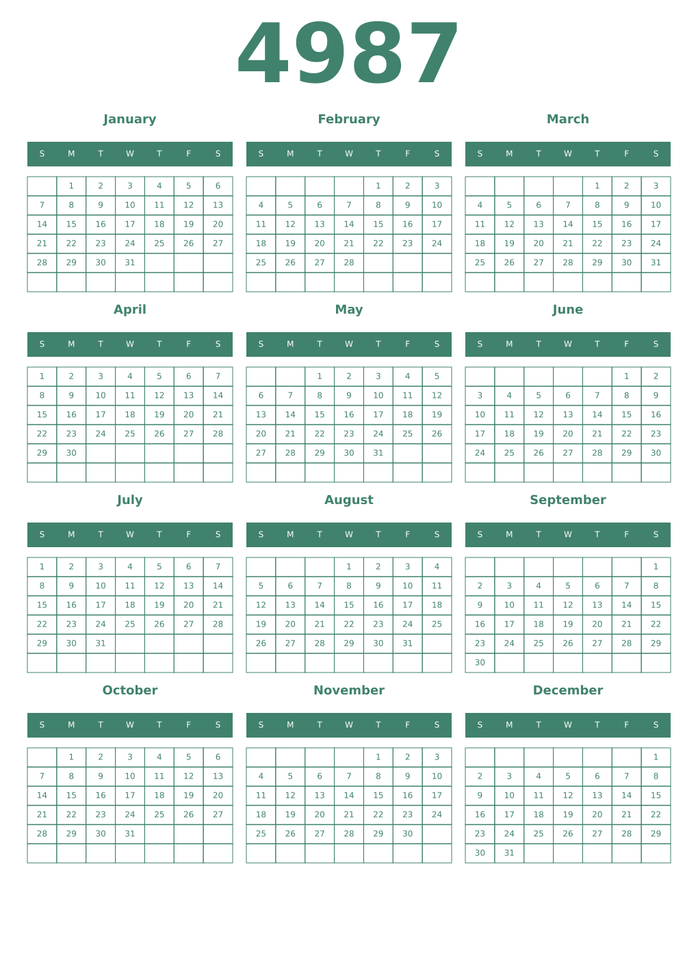 Printable 4987 Year Calendars viridian