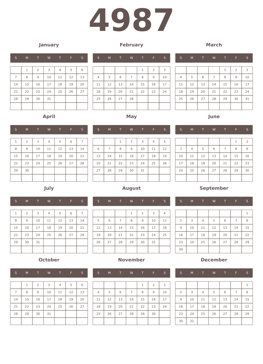 Printable 4987 Year Calendars wenge