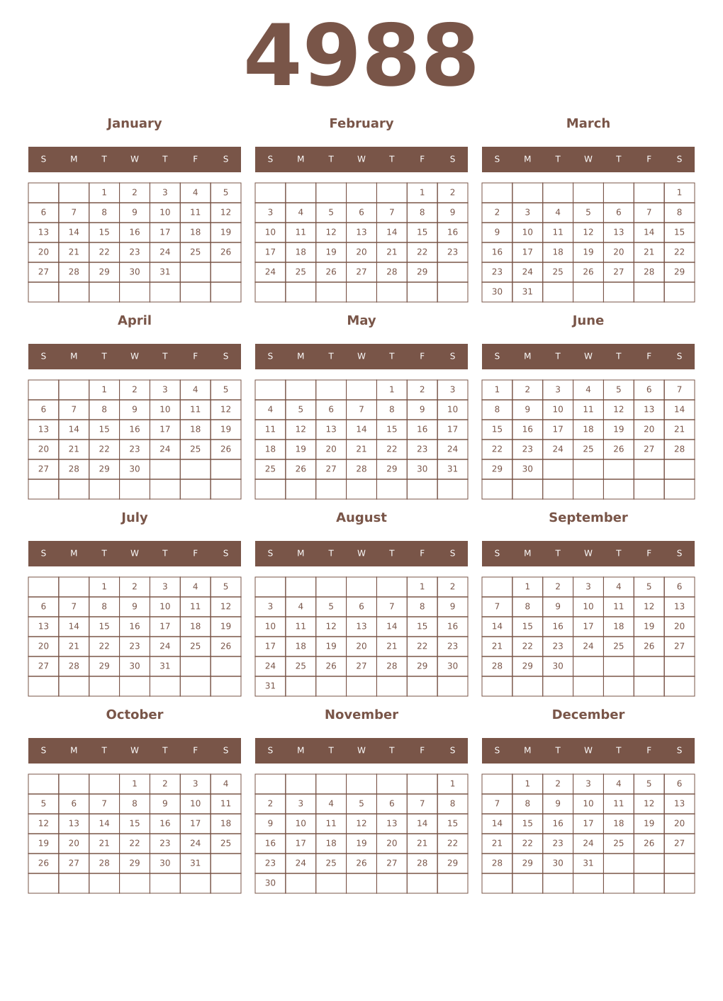 Printable 4988 Year Calendars coffe