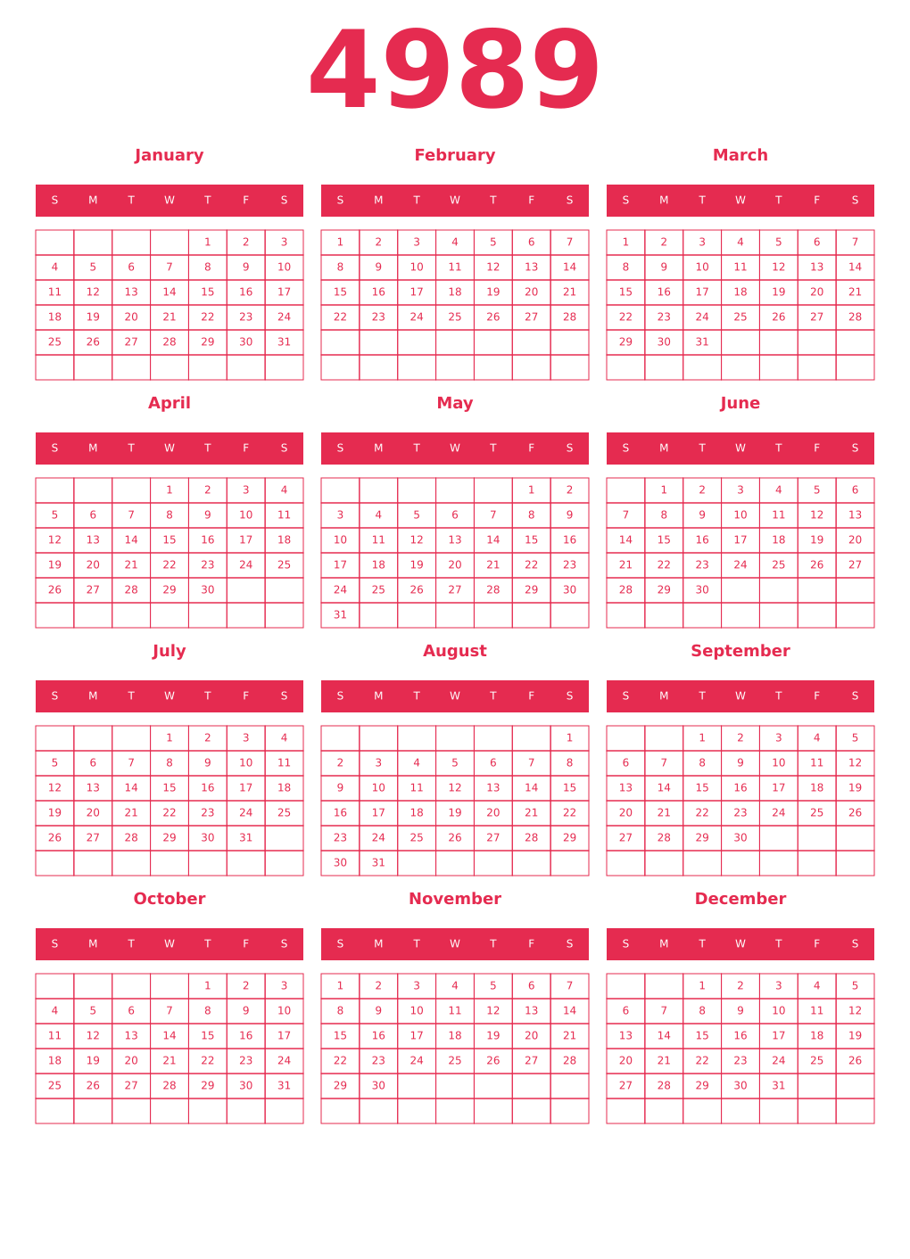 Printable 4989 Year Calendars amaranth