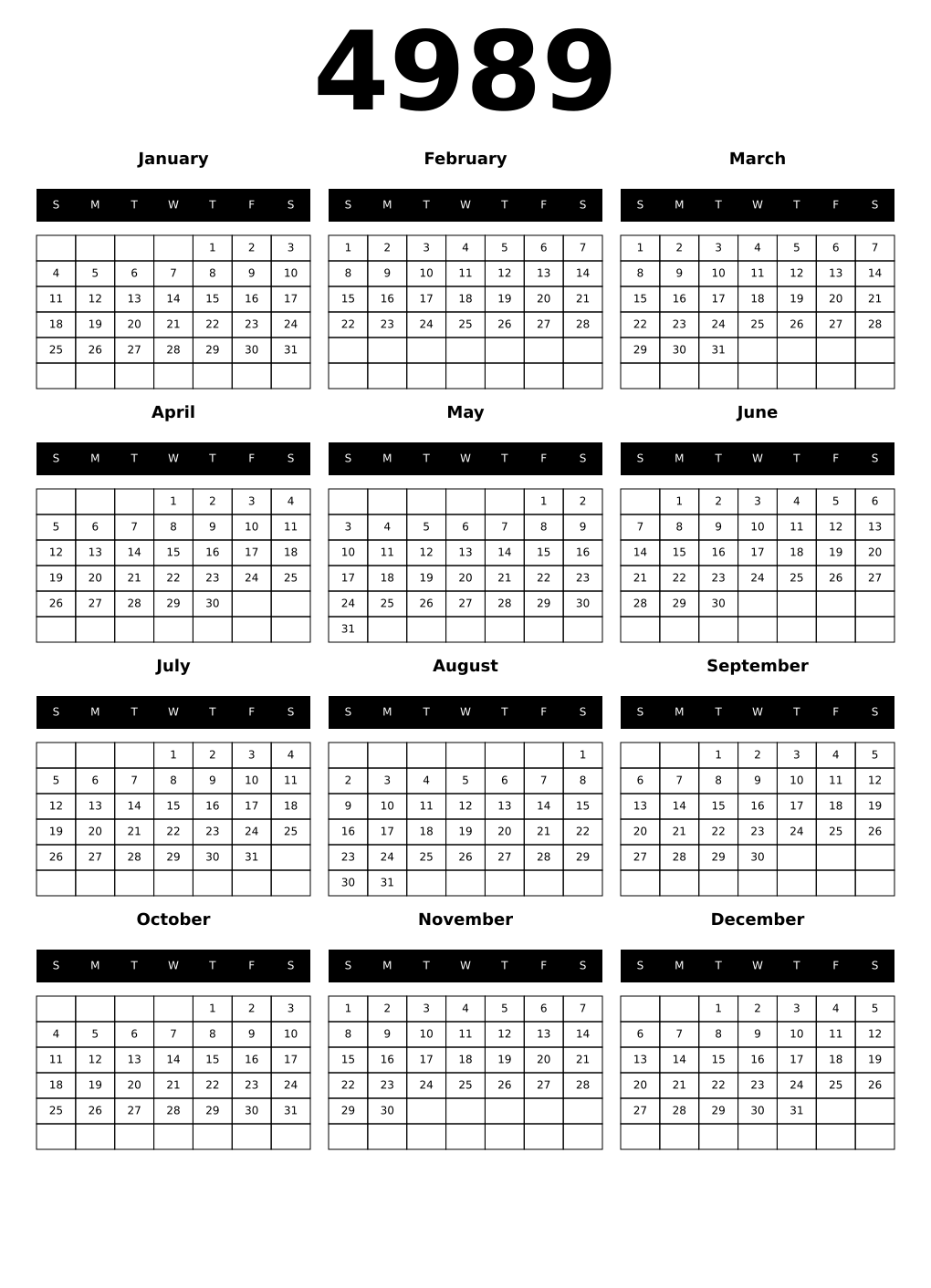 Printable 4989 Year Calendars black