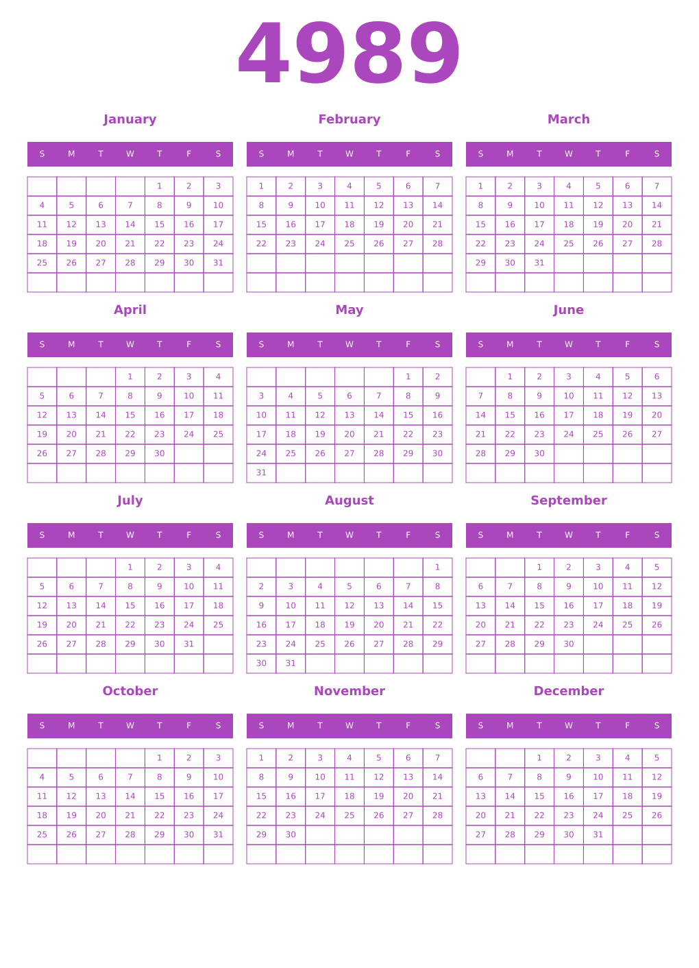 Printable 4989 Year Calendars purple