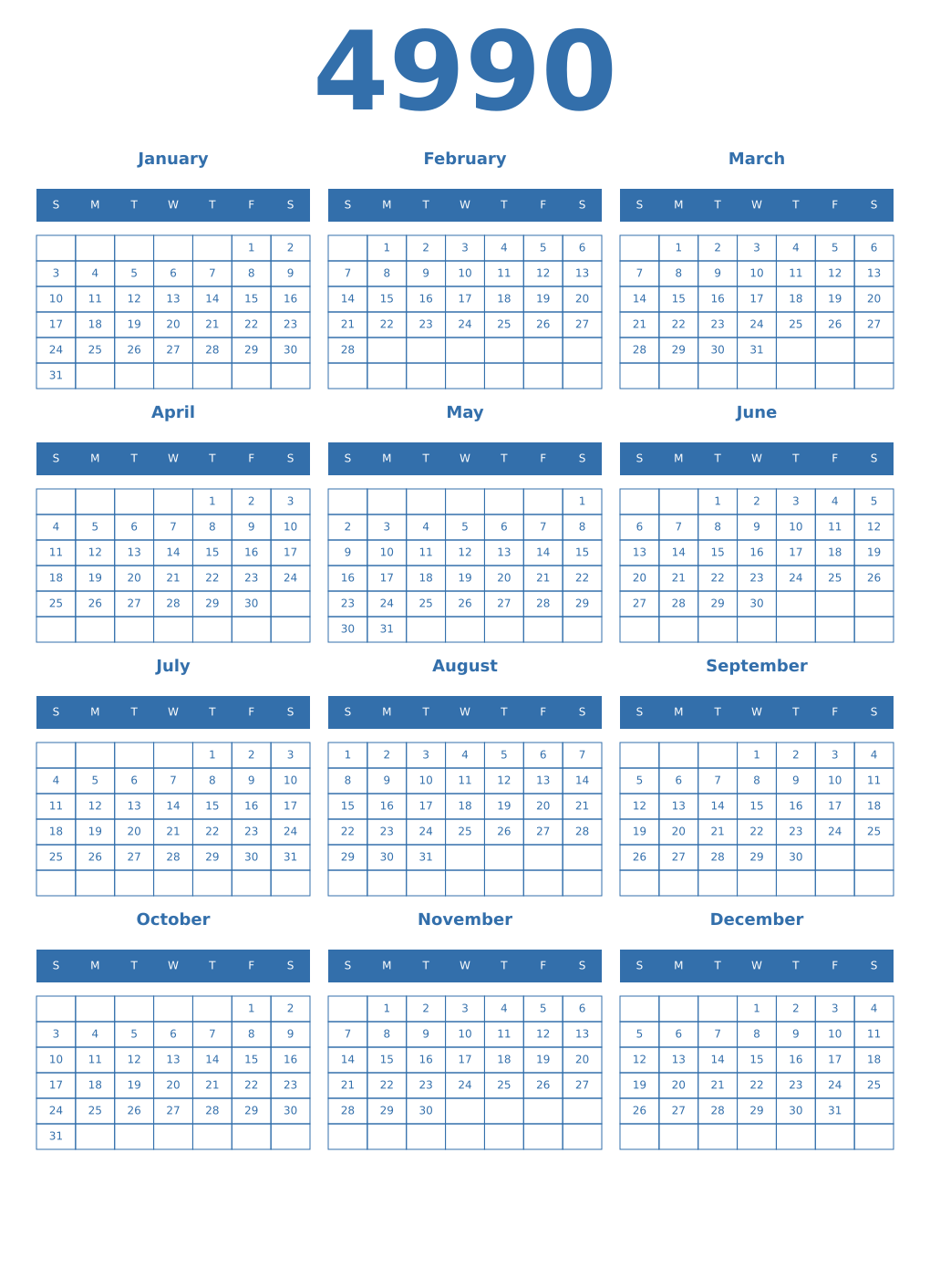 Printable 4990 Year Calendars blue