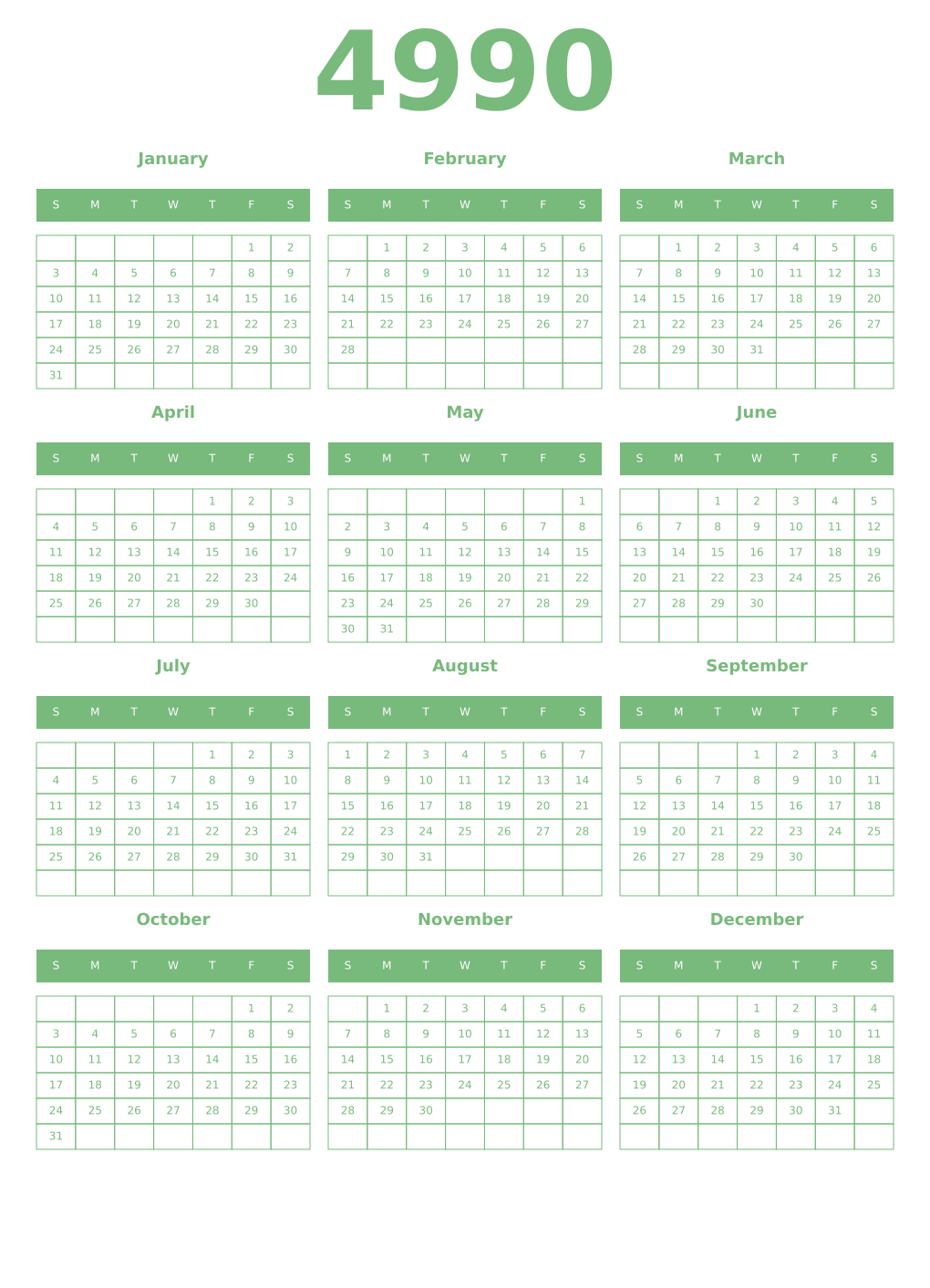 Printable 4990 Year Calendars celadon
