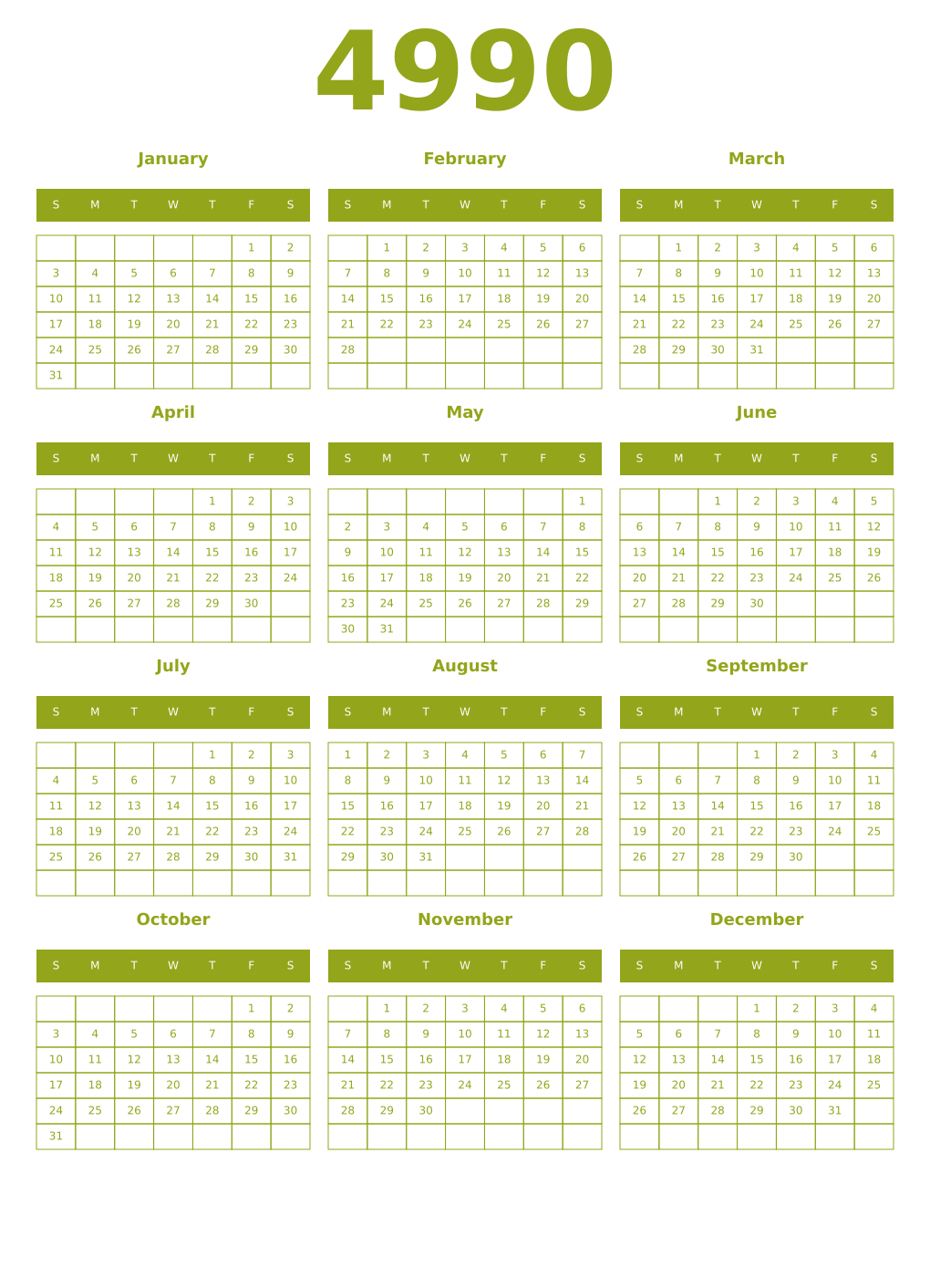 Printable 4990 Year Calendars chartreuse