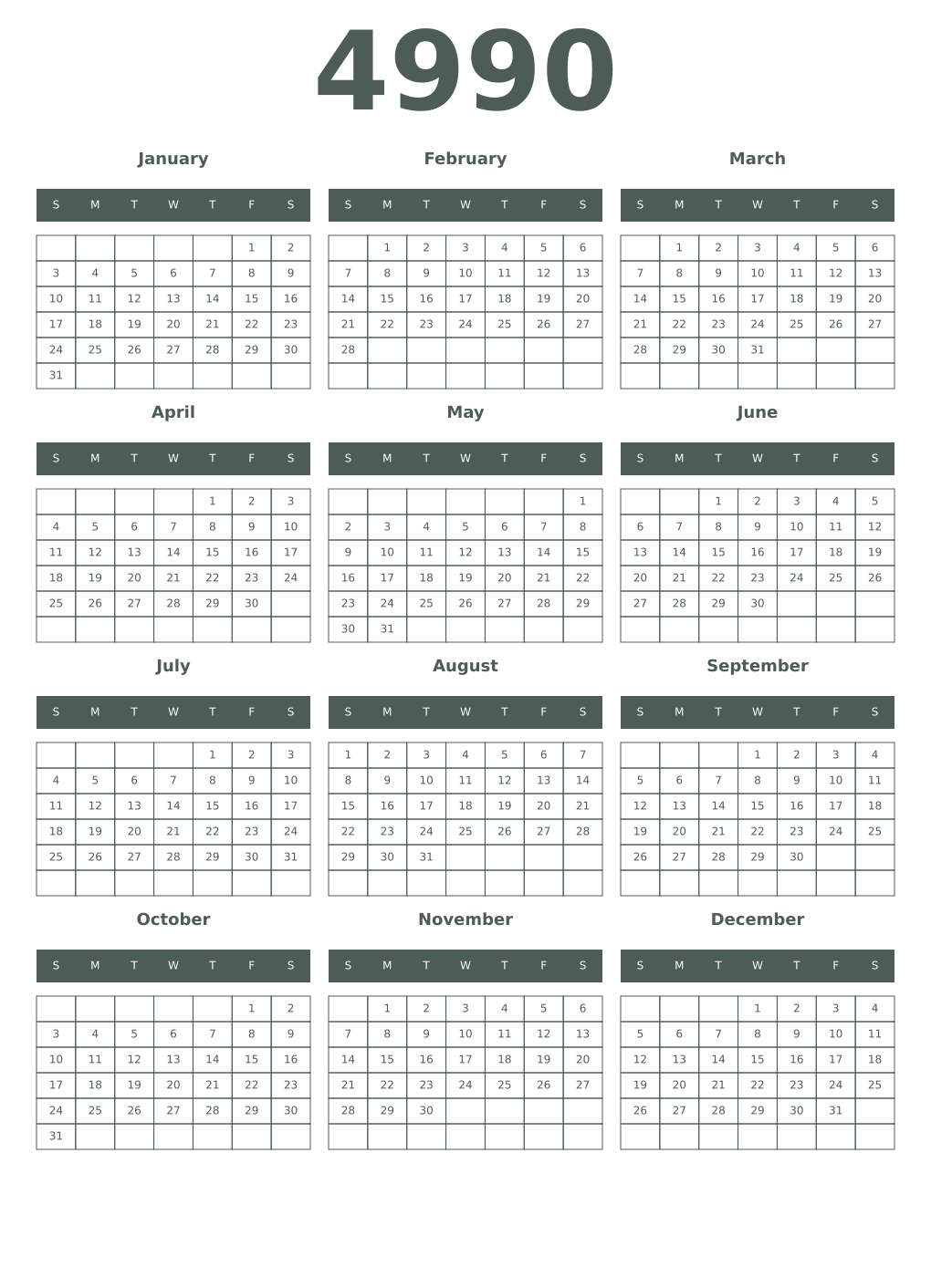 Printable 4990 Year Calendars feldgrau