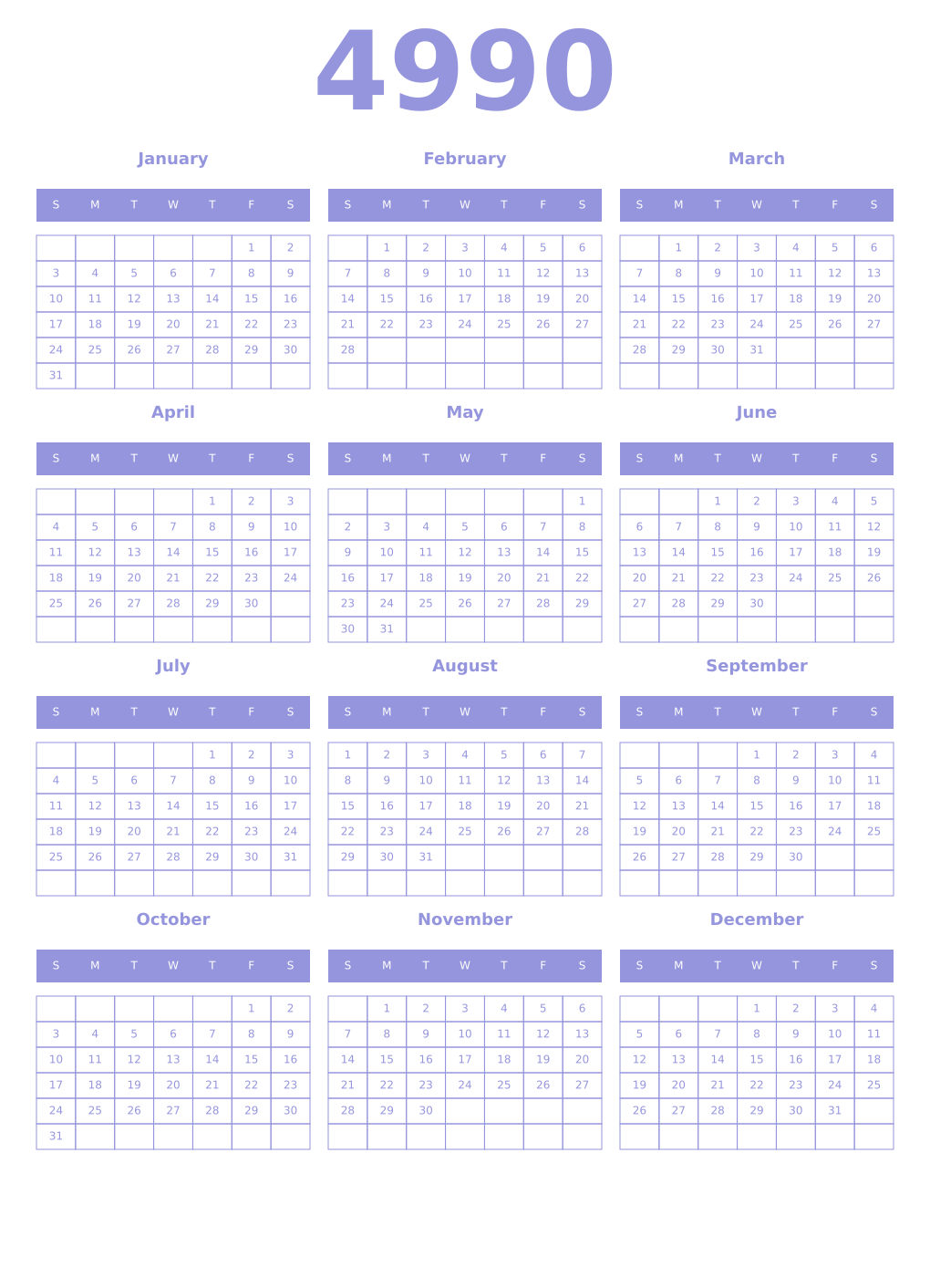 Printable 4990 Year Calendars periwinkle