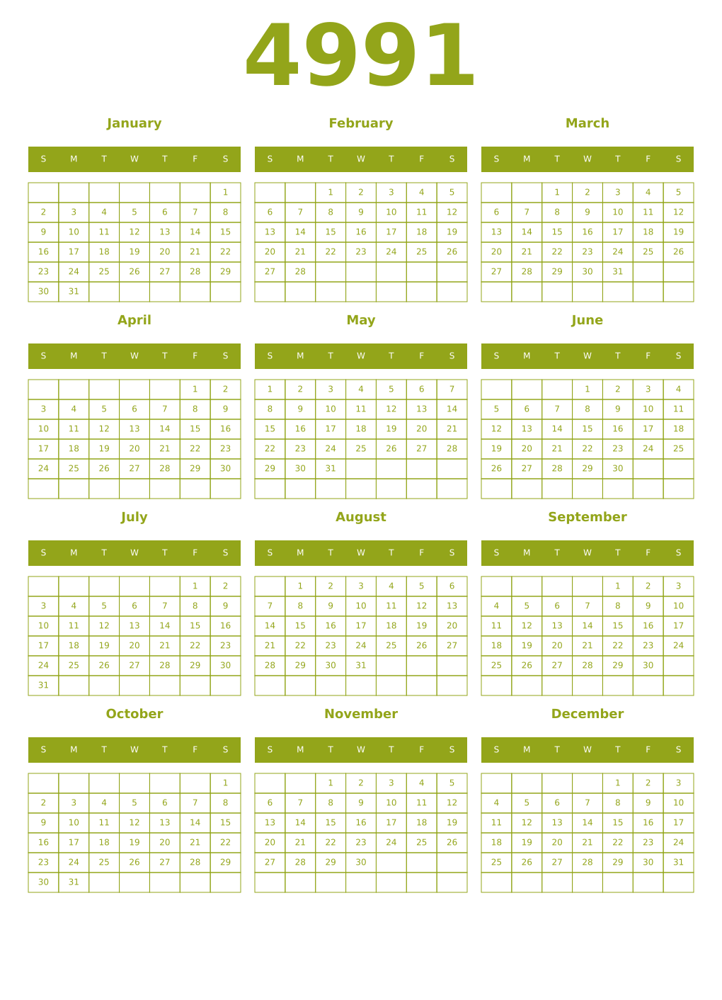 Printable 4991 Year Calendars chartreuse