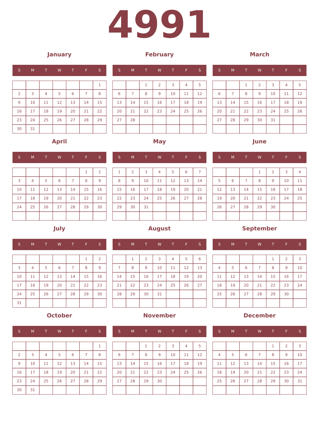 Printable 4991 Year Calendars cordovan