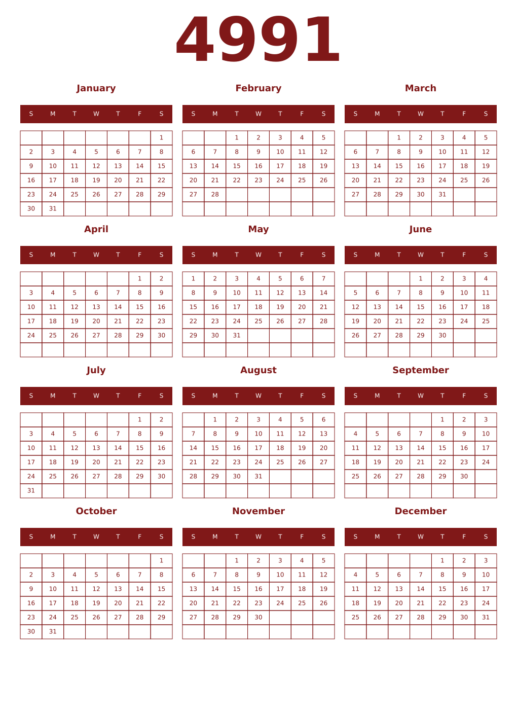 Printable 4991 Year Calendars falu