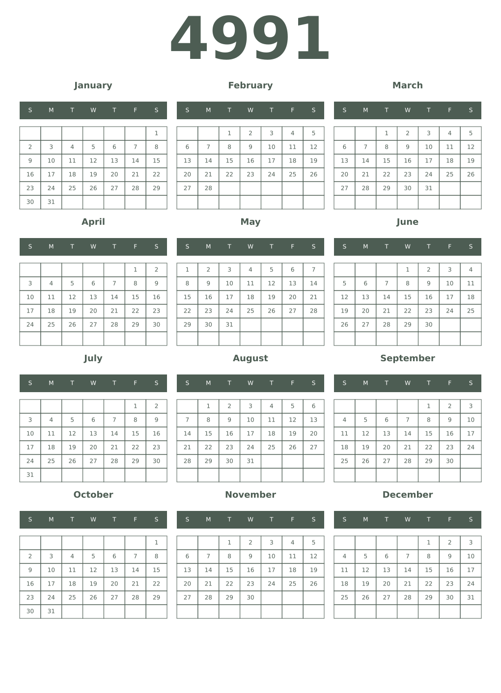 Printable 4991 Year Calendars feldgrau