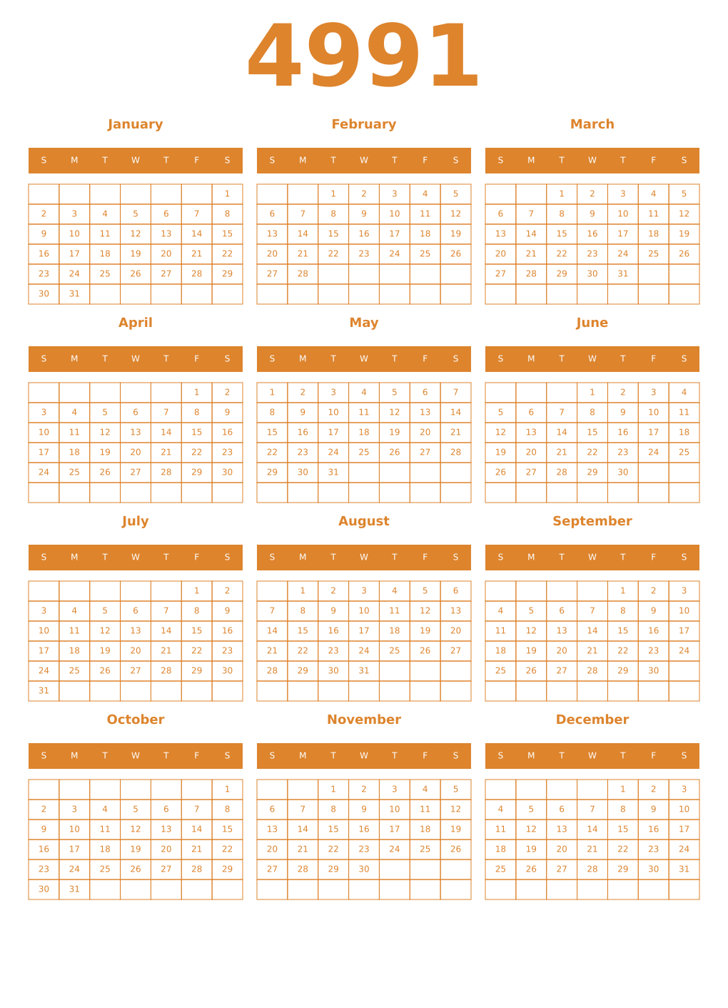 Printable 4991 Year Calendars orange