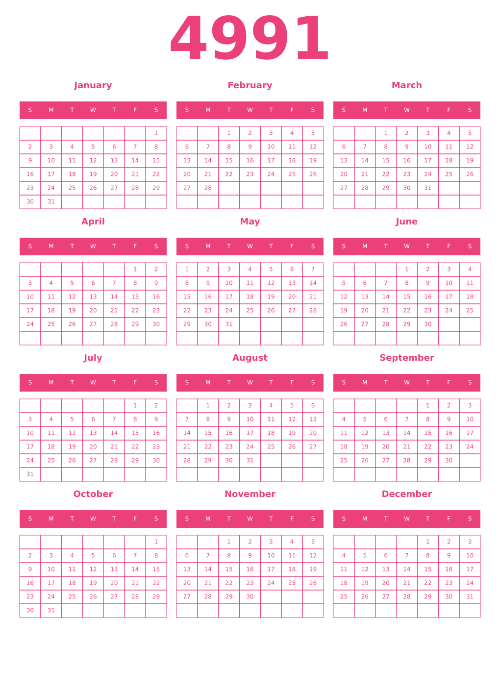 Printable 4991 Year Calendars pink
