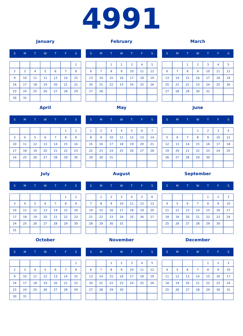 Printable 4991 Year Calendars smalt