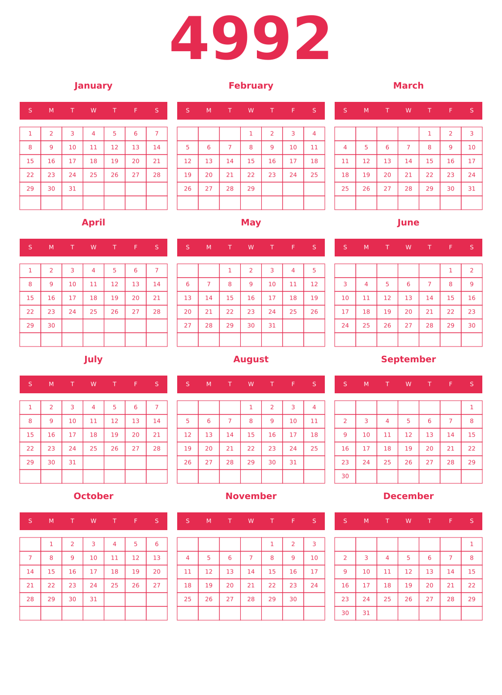 Printable 4992 Year Calendars amaranth