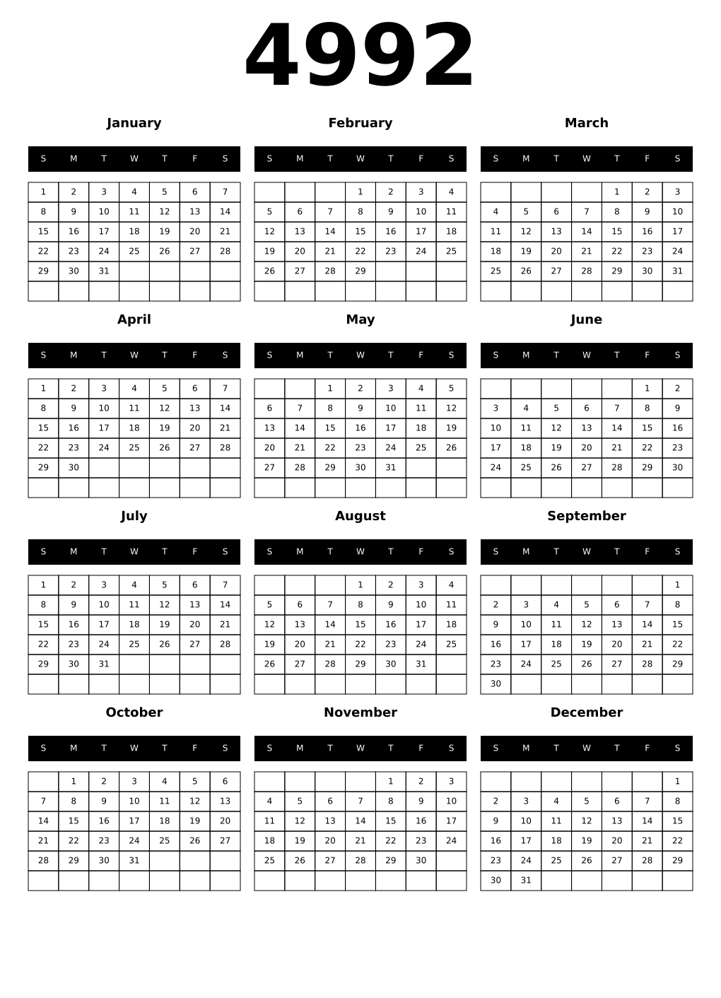 Printable 4992 Year Calendars black